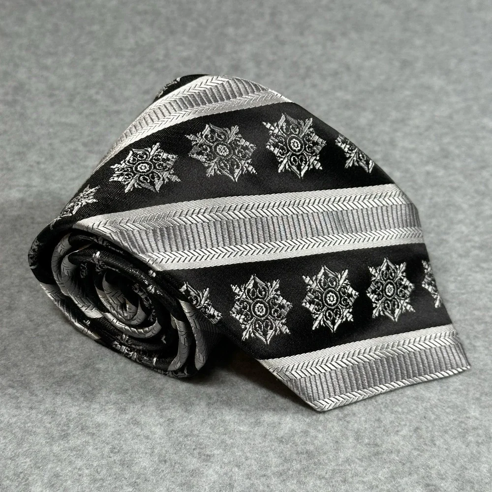 Paul Fredrick Medallion Stripe Silk Tie Black Silver Snowflake Made‎ Italy